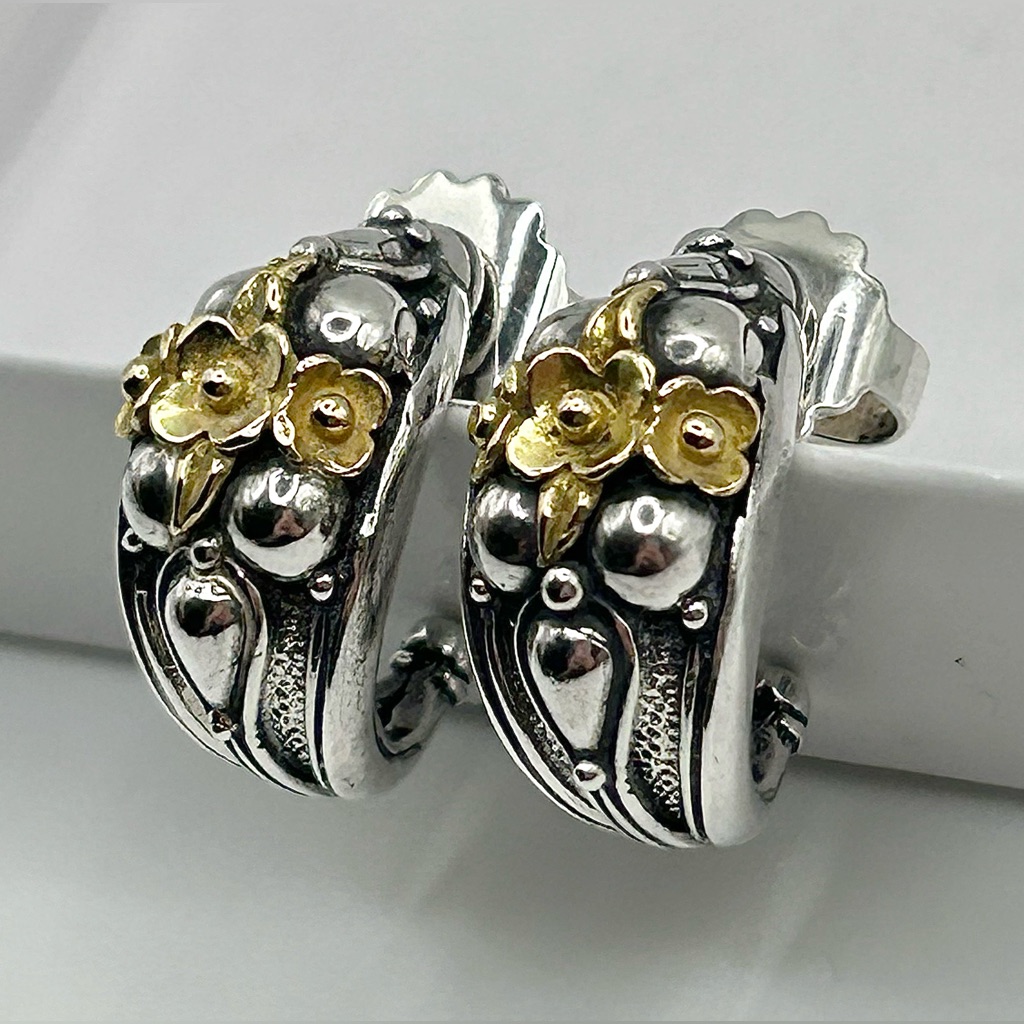 Floral HalfHoop Post Earrings  18k Gold  Sterling Silver Designer Luxury